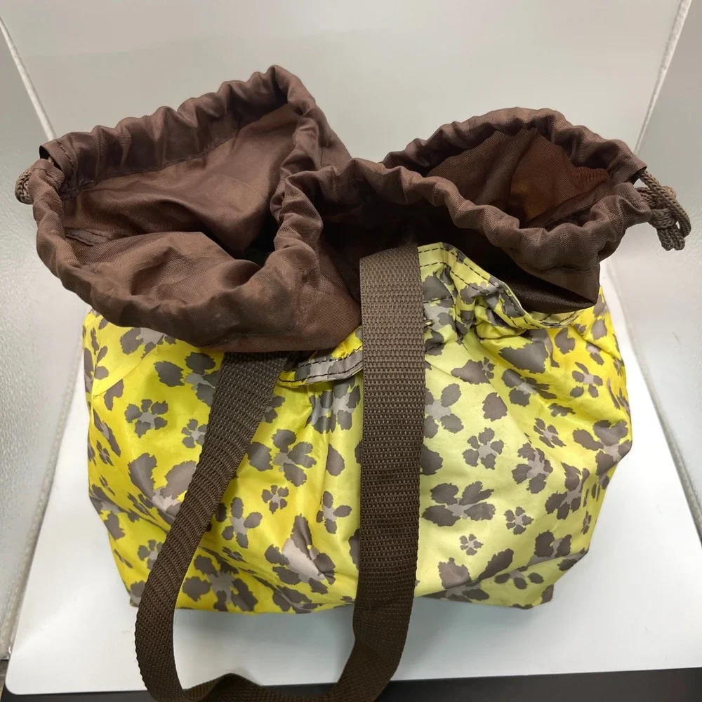 Thirty-One Thermal Drawstring Lunch Bag‎ Yellow Brown Floral Leopard Print Tote